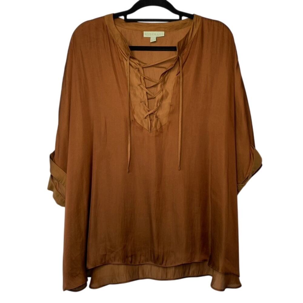 Ryegrass Rust Brown Boho Lace Up Peasant Top Lightweight Boho Chic Size 2X